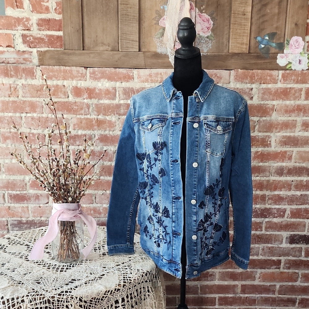 LuLaRoe Blue Denim Jacket with Navy Floral Embroidery